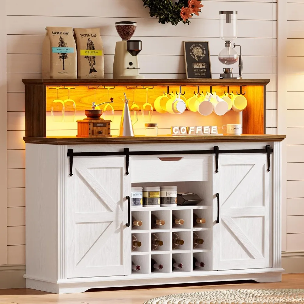 Farmhouse Coffee Bar Cabinet with Sliding Barn Doors and LED Lights, Wine Bar Cabinet with Wine and Glass Rack for Dining Room
Farmhouse Coffee Bar Cabinet with Sliding Barn Doors and LED Lights, Wine Bar Cabinet with Wine and Glass Rack for Dining Room