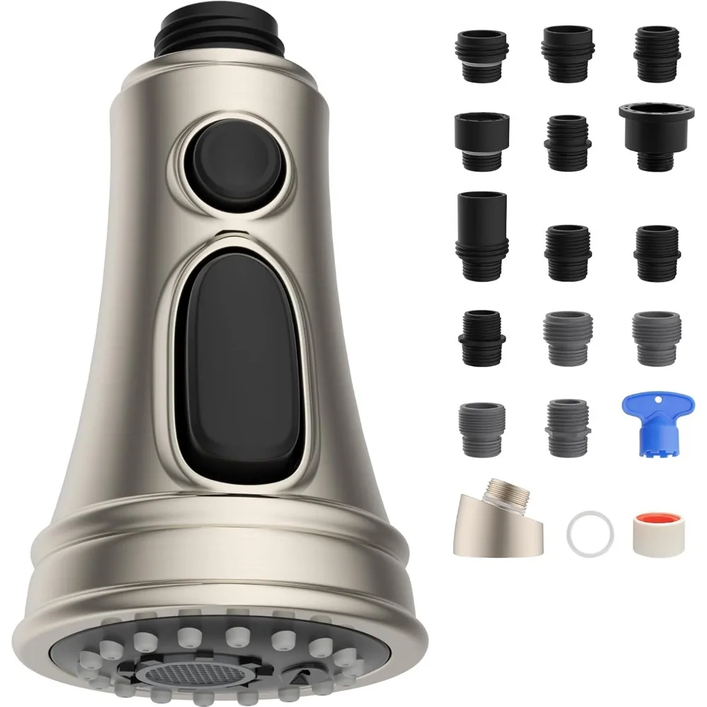 Kitchen Faucet Head Replacement, 3 Function Pull Down Faucet Spray Nozzle-15 Adapters - Brushed Nickel
Kitchen Faucet Head Replacement, 3 Function Pull Down Faucet Spray Nozzle-15 Adapters - Brushed Nickel