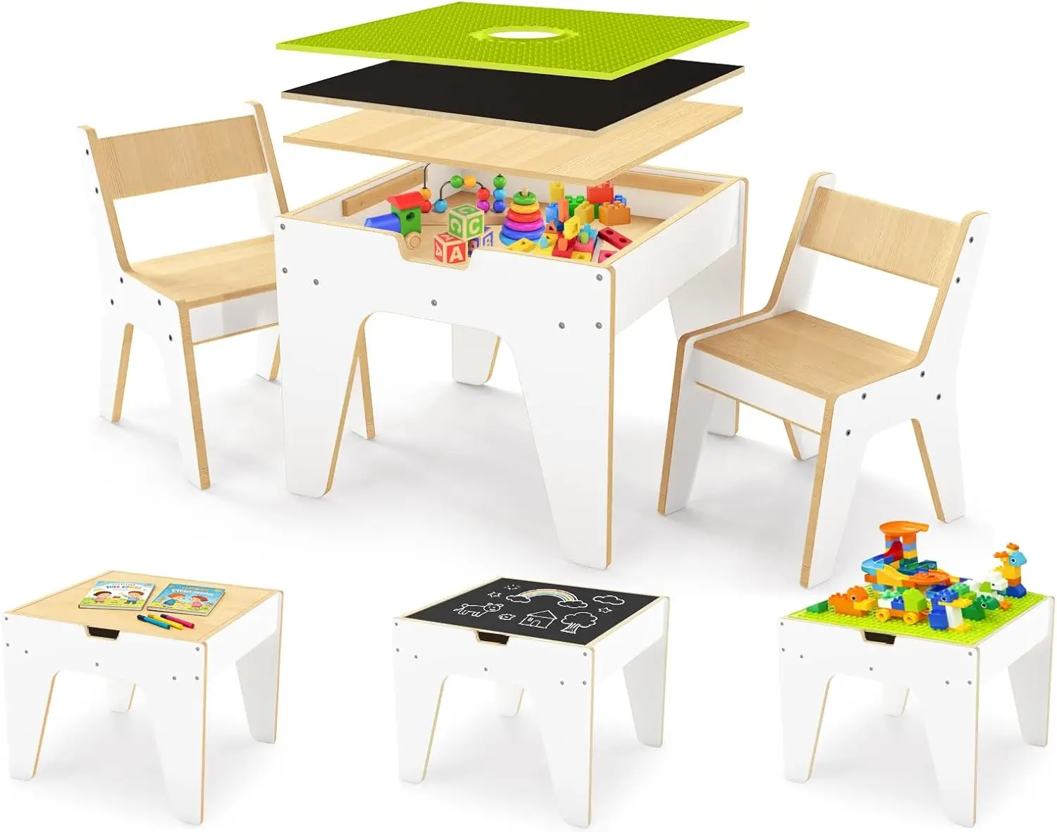 4-in-1 Wooden Kids Activity Table with 2 Chairs, Ages 2-12 & Building Blocks Sensory Table, Spacious Learning Desk
4-in-1 Wooden Kids Activity Table with 2 Chairs, Ages 2-12 & Building Blocks Sensory Table, Spacious Learning Desk