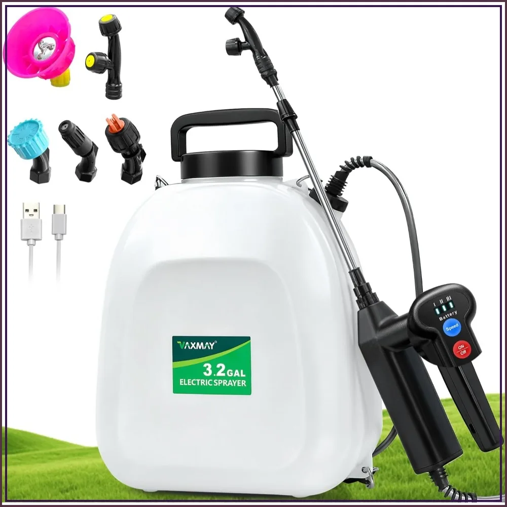 3.2 Gallon Backpack Sprayer with 3 Speeds, Battery Indicator, 5 Nozzles, USB Rechargeable for Garden, Lawn, Weed Control
3.2 Gallon Backpack Sprayer with 3 Speeds, Battery Indicator, 5 Nozzles, USB Rechargeable for Garden, Lawn, Weed Control