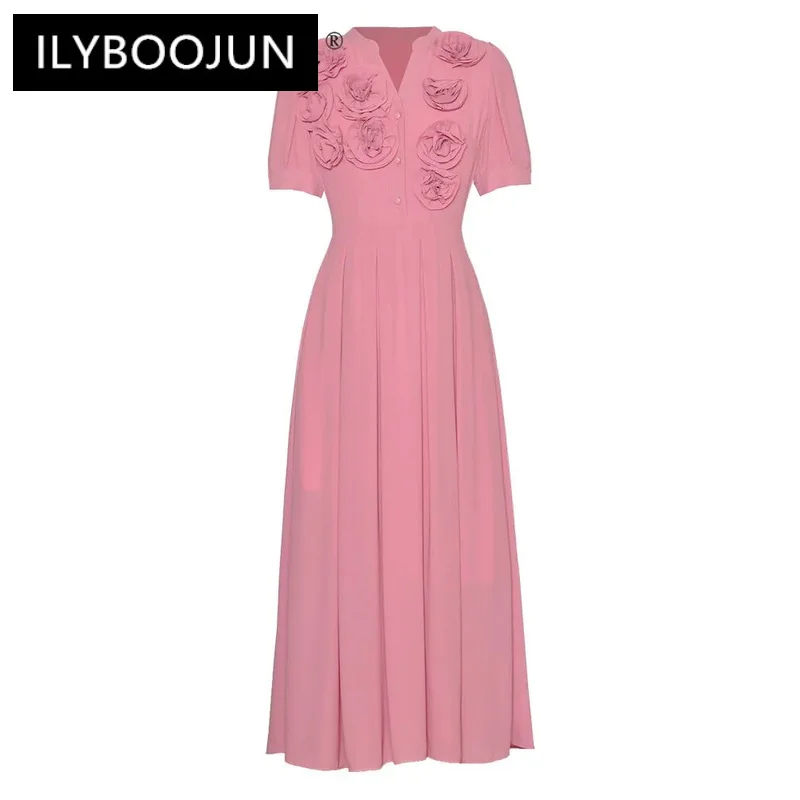 ILYBOOJUN Summer Fashion Designer High Quality Women Dress Solid Color Flowers Appliques Button Pleated Medium Length Dresses
ILYBOOJUN Summer Fashion Designer High Quality Women Dress Solid Color Flowers Appliques Button Pleated Medium Length Dresses