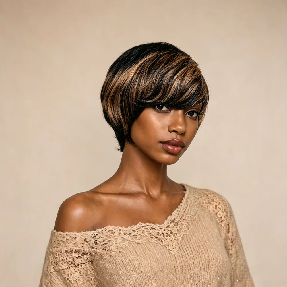 Black Base Honey Brown Balayage Short Straight Wig with Bangs Full Machine Made Ombre Highlighted Layered Human Hair Pixie Wig
Black Base Honey Brown Balayage Short Straight Wig with Bangs Full Machine Made Ombre Highlighted Layered Human Hair Pixie Wig
