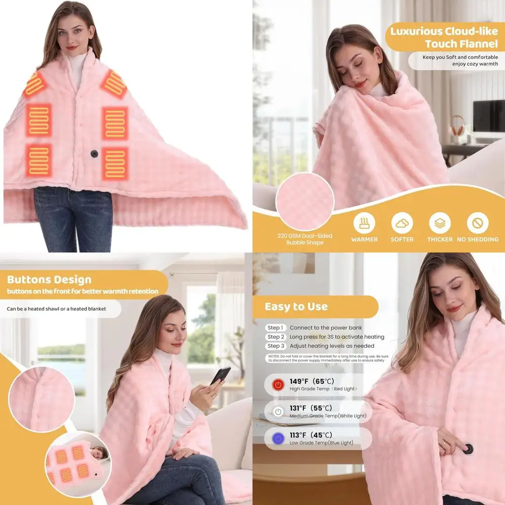 Portable 20000mAh Rechargeable Heated Blanket, 3-Level Heating, 59x35.5 Pink Throw
Portable 20000mAh Rechargeable Heated Blanket, 3-Level Heating, 59x35.5 Pink Throw