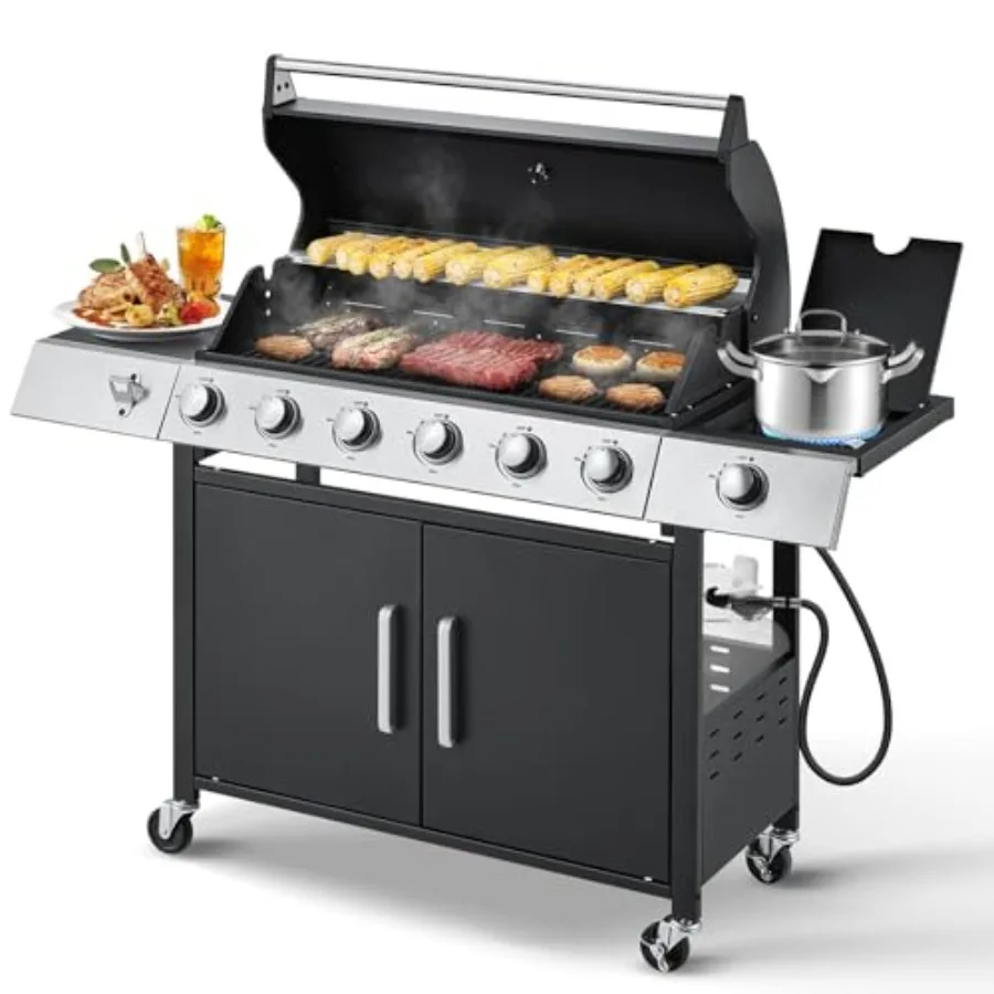 Patio, camping, outdoor cooking stainless steel 60, 000 BTU 6-burner propane gas grill with side stove and cast iron grates
Patio, camping, outdoor cooking stainless steel 60, 000 BTU 6-burner propane gas grill with side stove and cast iron grates