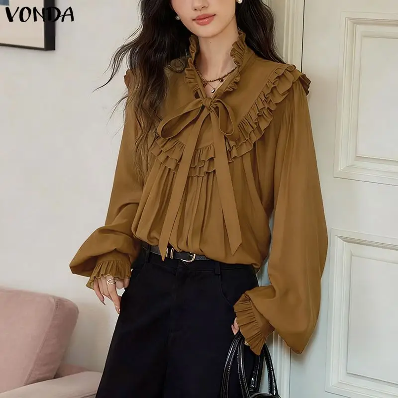 Женская блузка VONDA с рюшами, модная рубашка с длинным рукавом, воротником-стойкой, повседневный топ 2026, элегантная блузка с завязками, однотонная, для офиса
Женская блузка VONDA с рюшами, модная рубашка с длинным рукавом, воротником-стойкой, повседневный топ 2026, элегантная блузка с завязками, однотонная, для офиса