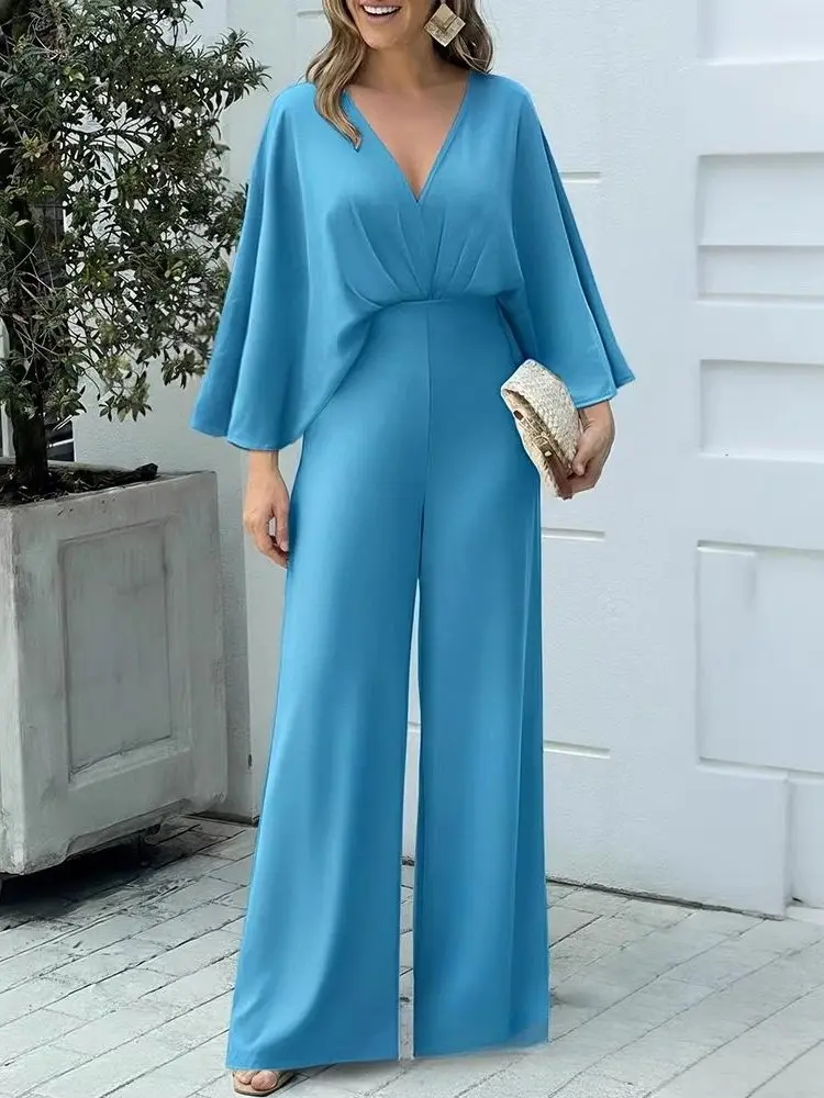 Модный синий комбинезон с V-образным вырезом и рукавами «летучая мышь», широкие брюки, низкая талия, длинные штаны, полиэстер, для повседневной носки, весенний сезон
Модный синий комбинезон с V-образным вырезом и рукавами «летучая мышь», широкие брюки, низкая талия, длинные штаны, полиэстер, для повседневной носки, весенний сезон