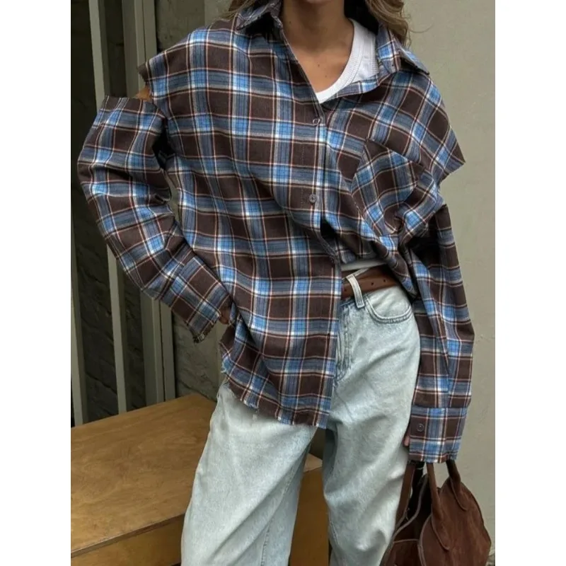 Модная женская рубашка в клетку, элегантный однобортный свободный верх с длинными рукавами и лацканами
Модная женская рубашка в клетку, элегантный однобортный свободный верх с длинными рукавами и лацканами