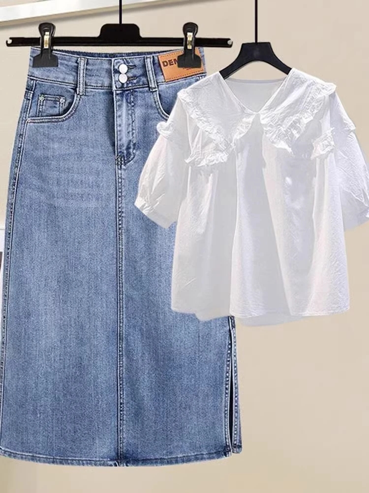 New Women's Summer 2026 Slimming Large Size Doll Collar Shirt And Denim A-Line Skirt Two-Piece Set Fashionable Polyester Fiber
New Women's Summer 2026 Slimming Large Size Doll Collar Shirt And Denim A-Line Skirt Two-Piece Set Fashionable Polyester Fiber