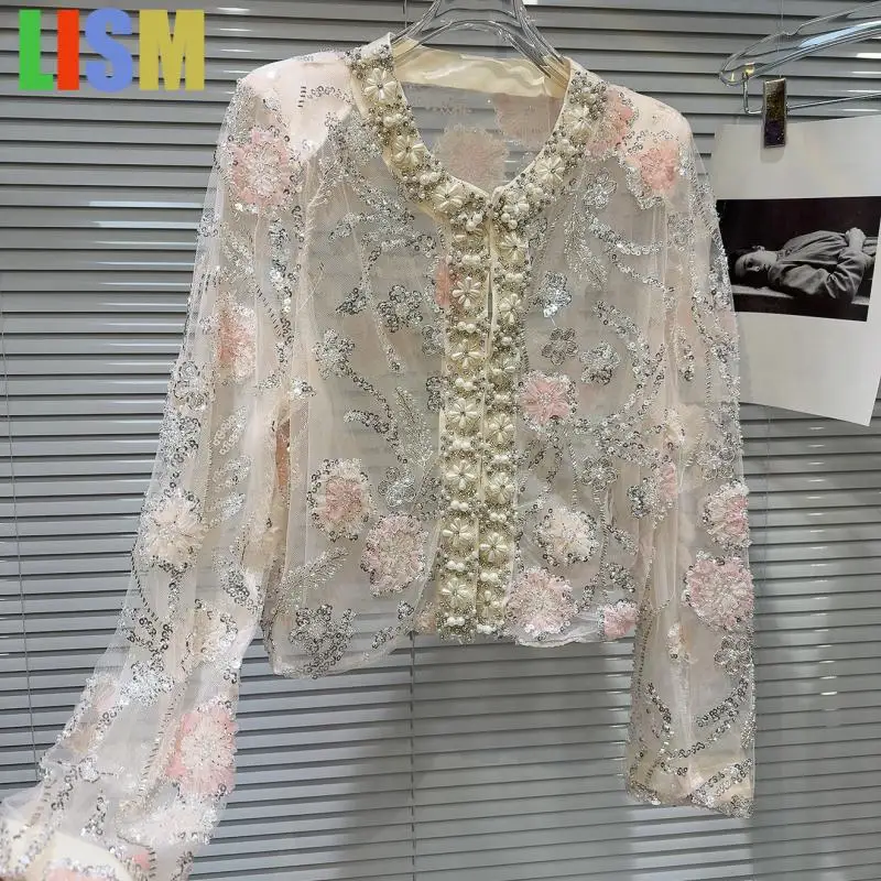 LISM Women Sexy Pearls Beaded 3D Flowers Embroidery Sequin Organza Short Jacket Mesh Spliced Floral Coat Cardigan Tops 2025
LISM Women Sexy Pearls Beaded 3D Flowers Embroidery Sequin Organza Short Jacket Mesh Spliced Floral Coat Cardigan Tops 2025