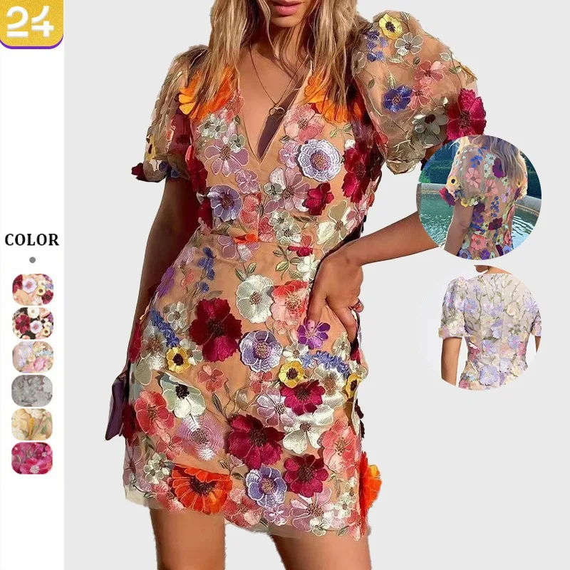 Новое европейское и американское платье с v-образным вырезом и трехмерным цветочным принтом и рукавами-фонариками, платье с вышивкой 
Новое европейское и американское платье с v-образным вырезом и трехмерным цветочным принтом и рукавами-фонариками, платье с вышивкой