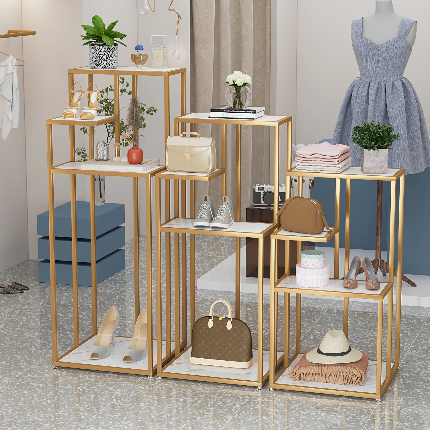 Shopping mall floor-to-ceiling window display rack, bag rack, shoe products, wrought iron clothing store, jewelry display rack
Shopping mall floor-to-ceiling window display rack, bag rack, shoe products, wrought iron clothing store, jewelry display rack