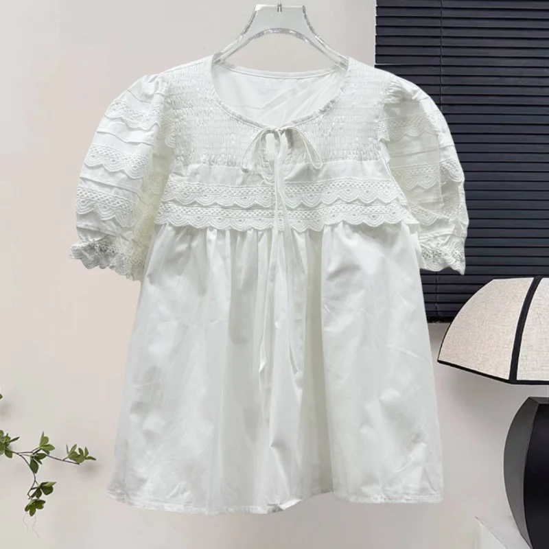 Summer pullover new loose round neck lace up pleated patchwork lace edge bubble sleeve shirt women's top
Summer pullover new loose round neck lace up pleated patchwork lace edge bubble sleeve shirt women's top