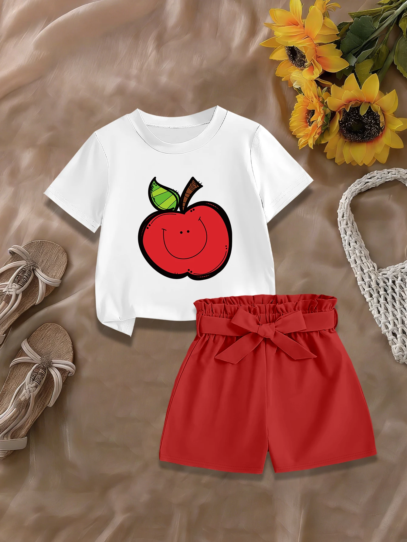 2 pieces: Girls Summer Sweet Set Cartoon Emoji Apple Print T-shirt Bow Woven Shorts
2 pieces: Girls Summer Sweet Set Cartoon Emoji Apple Print T-shirt Bow Woven Shorts