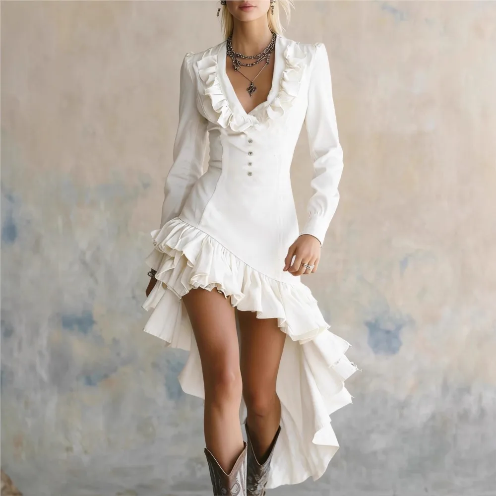 Western Denim Dress Long Sleeve Ruffled V-Neck High-Low Hem Asymmetrical Dress Women Vintage Cowboy Summer Casual Fashion Dress
Western Denim Dress Long Sleeve Ruffled V-Neck High-Low Hem Asymmetrical Dress Women Vintage Cowboy Summer Casual Fashion Dress