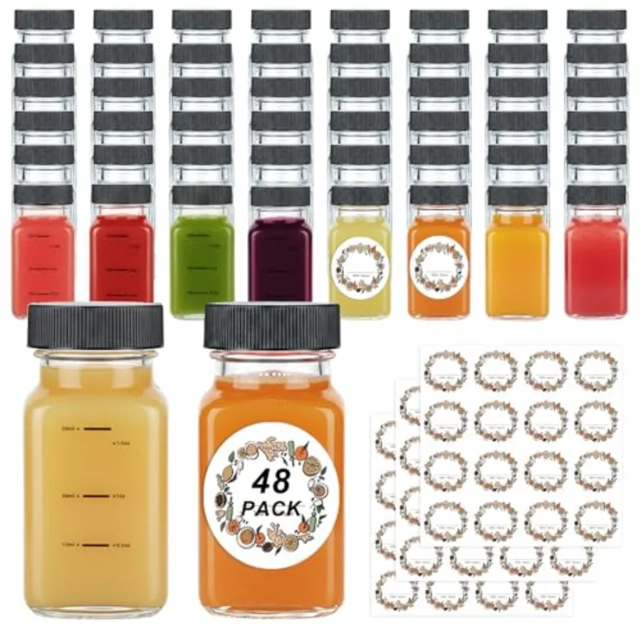 48 Pack 2oz Glass Shot Bottles with Black Caps Leakproof Wellness Shot Glass Bottles with ml and oz Scale Bulk Mini Glass Jars
48 Pack 2oz Glass Shot Bottles with Black Caps Leakproof Wellness Shot Glass Bottles with ml and oz Scale Bulk Mini Glass Jars