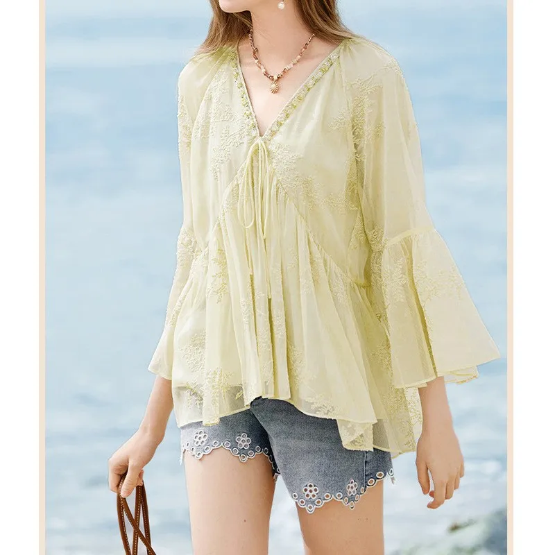 Pale Yellow Blouse Floral Print V Neck Blouses Gold Embroidery Tie Front Chiffon Blouse Ruffled Bell Sleeves Loose Fit Top
Pale Yellow Blouse Floral Print V Neck Blouses Gold Embroidery Tie Front Chiffon Blouse Ruffled Bell Sleeves Loose Fit Top