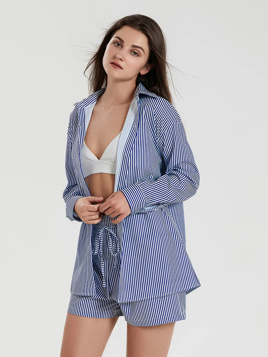 Women Shorts Set Long Sleeve Shirt with Waist Tie Shorts Striped Set 2-piece Outfit
Women Shorts Set Long Sleeve Shirt with Waist Tie Shorts Striped Set 2-piece Outfit