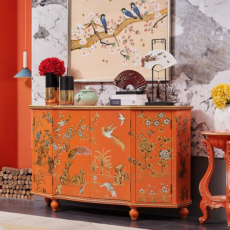 New painted living room entrance decorative foyer cabinet orange flower and bird dining side cabinet
New painted living room entrance decorative foyer cabinet orange flower and bird dining side cabinet