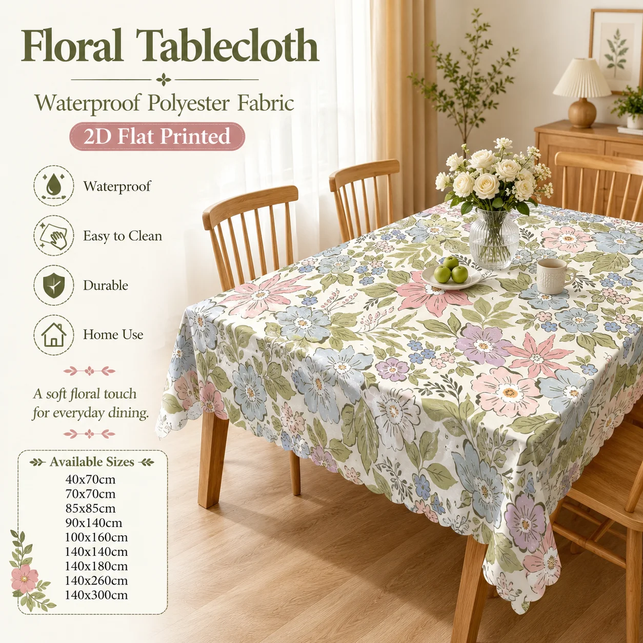 Spring Style Floral Tablecloth Waterproof Polyester 2D Flat Printed Decorative Table Cover For Family Gathering Dinner
Spring Style Floral Tablecloth Waterproof Polyester 2D Flat Printed Decorative Table Cover For Family Gathering Dinner