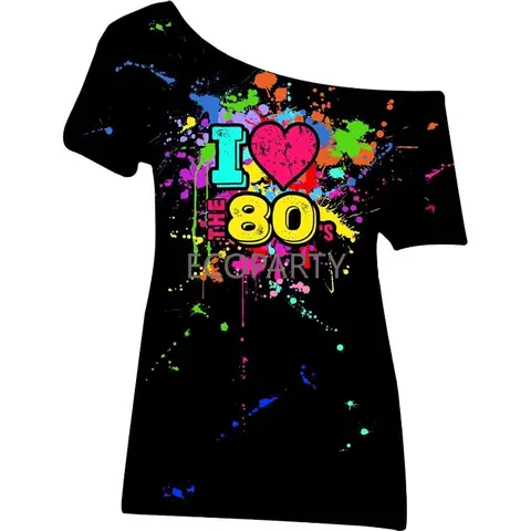 Oversized 80s Outfit for Women Plus Size I Love The 80's Costumes 80s Off Shoulder T-Shirt Tops Neon Clothes blusas mujer