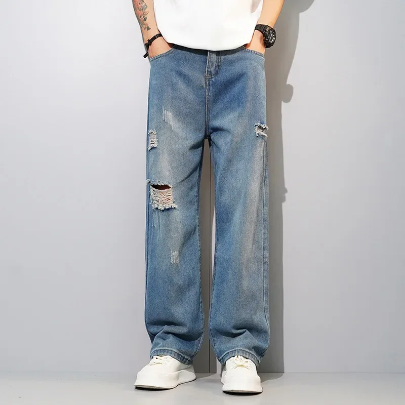Four Seasons Men's New Fashion Hole Patched Washed Blue Jeans Pants High Street Loose Straight Wide Leg Denim Trousers Male
Four Seasons Men's New Fashion Hole Patched Washed Blue Jeans Pants High Street Loose Straight Wide Leg Denim Trousers Male