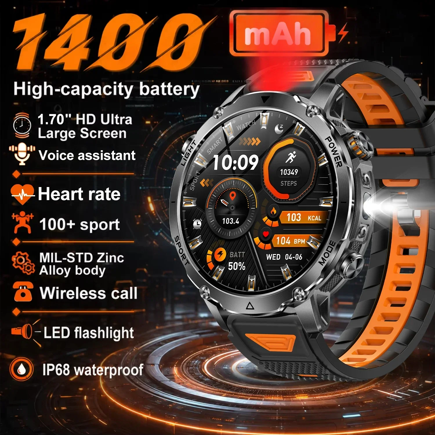 2026 New Military 1400mAh Battery Smart Watch Men Outdoor Flashlight IP68 Waterproof Heart Rate BT Call Sports Fitness Bracelet
2026 New Military 1400mAh Battery Smart Watch Men Outdoor Flashlight IP68 Waterproof Heart Rate BT Call Sports Fitness Bracelet