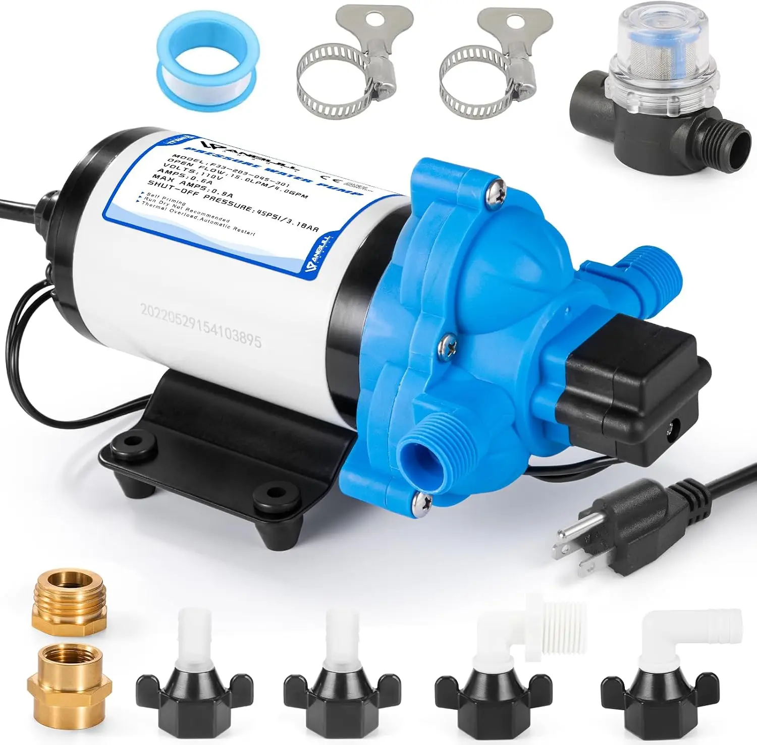 110V 4.0 GPM 45 PSI Self-Priming Diaphragm Pump with 3/4" Garden Hose Adapters for Water Transfer, Marine, Agriculture
110V 4.0 GPM 45 PSI Self-Priming Diaphragm Pump with 3/4" Garden Hose Adapters for Water Transfer, Marine, Agriculture