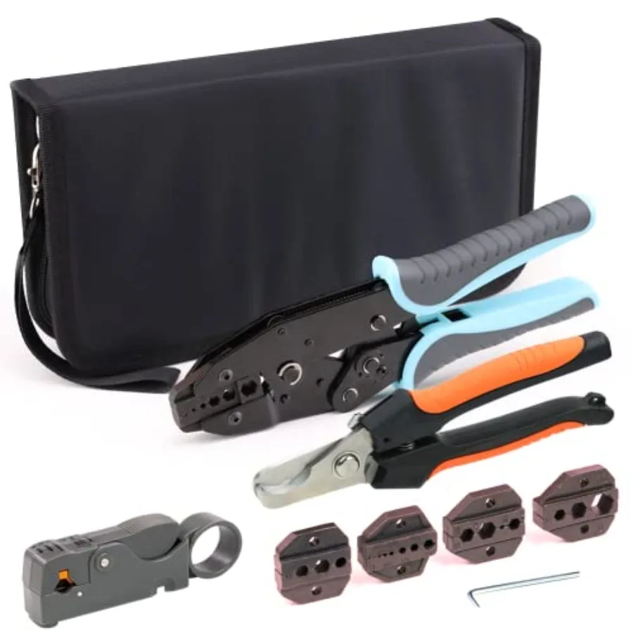 Coax Ratchet Kit for Coaxial RG Cable RF Connector Changeable, Rotary Coaxial Cable Stripper and Cable Cutter Piler
Coax Ratchet Kit for Coaxial RG Cable RF Connector Changeable, Rotary Coaxial Cable Stripper and Cable Cutter Piler