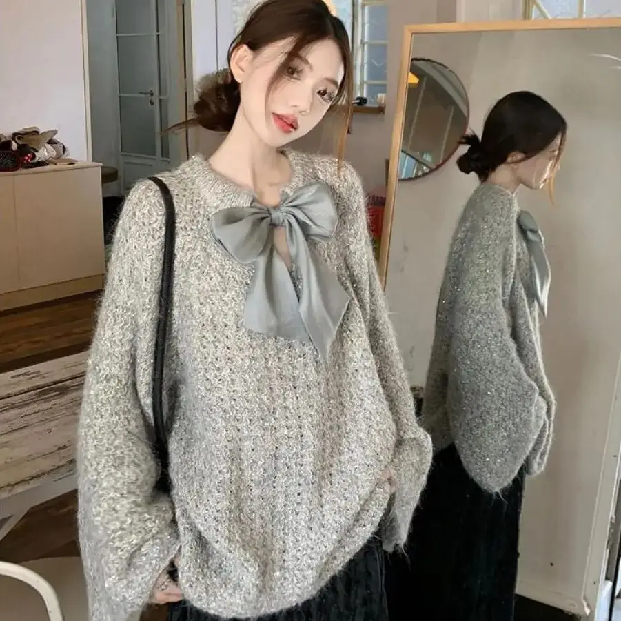 Knitted Pullover Women Sweet Solid Color Autumn Winter Lace-Up Bow Round Neck Long Bell Sleeve Pullover Loose Top Women Clothes
Knitted Pullover Women Sweet Solid Color Autumn Winter Lace-Up Bow Round Neck Long Bell Sleeve Pullover Loose Top Women Clothes