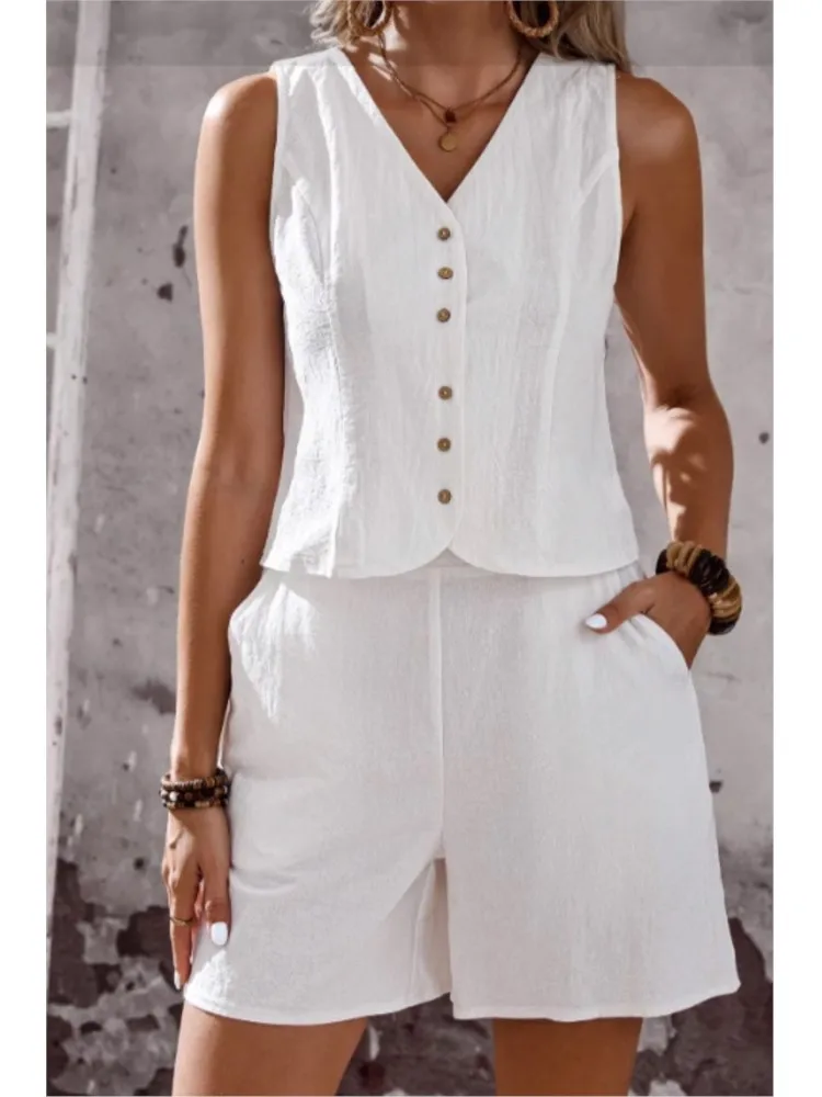 Women's Casual Solid Two Piece Sets Fashion Sexy V-neck Sleeveless Vest Tops + Shorts Suit Woman Summer Cotton Linen Pocket Set
Women's Casual Solid Two Piece Sets Fashion Sexy V-neck Sleeveless Vest Tops + Shorts Suit Woman Summer Cotton Linen Pocket Set