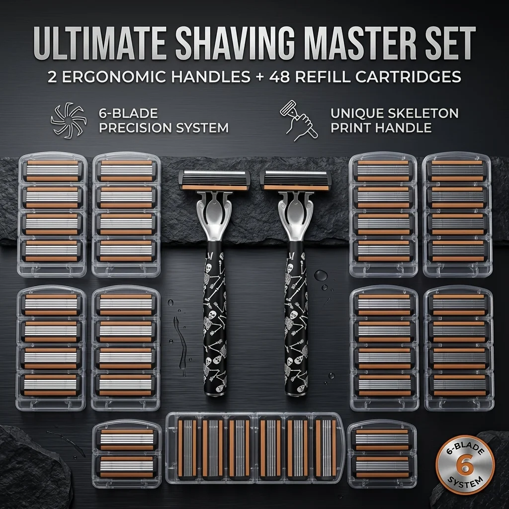 Men's shaving set -2 ergonomic shaver handles+48 replacement blade heads, 6 blade precision system, smooth shaving
Men's shaving set -2 ergonomic shaver handles+48 replacement blade heads, 6 blade precision system, smooth shaving