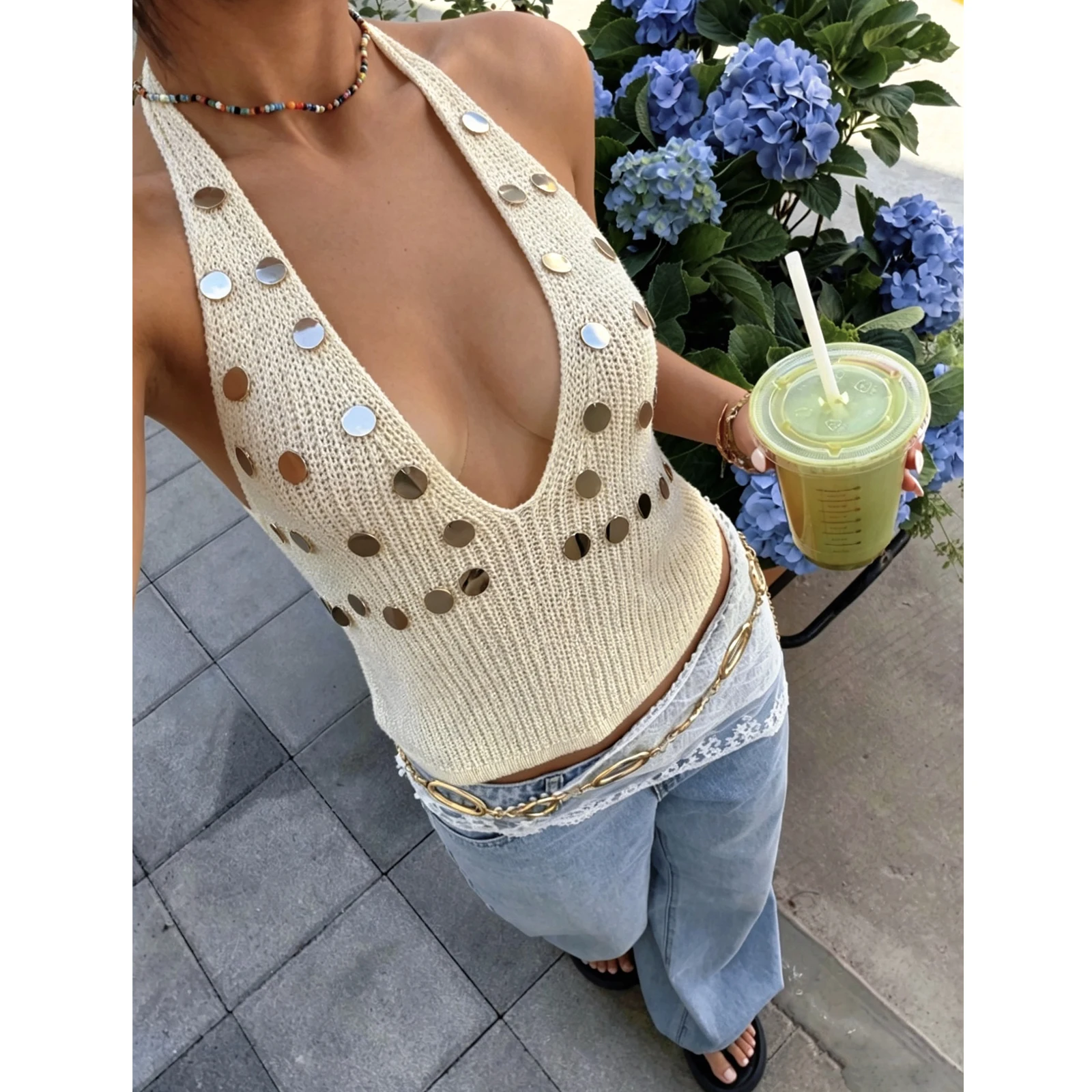 Sequined Decoration Halter Tie-Back Top, Summer Beach Vacation Music Festivals Knit Cover-Up, Sexy Fitted Clothing for Women
Sequined Decoration Halter Tie-Back Top, Summer Beach Vacation Music Festivals Knit Cover-Up, Sexy Fitted Clothing for Women