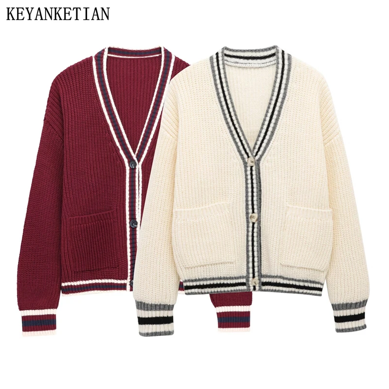 KEYANKETIAN 2025 Spring New Women's Color Matching Striped Knit Cardigans Preppy Style V-Neck Single Breasted Pockets Sweater
KEYANKETIAN 2025 Spring New Women's Color Matching Striped Knit Cardigans Preppy Style V-Neck Single Breasted Pockets Sweater
