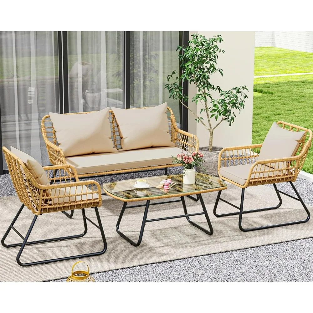 4-Piece Patio Furniture Wicker Outdoor Bistro Set, Rattan Loveseat Conversation Sets with Soft Cushions and Glass Side Table
4-Piece Patio Furniture Wicker Outdoor Bistro Set, Rattan Loveseat Conversation Sets with Soft Cushions and Glass Side Table