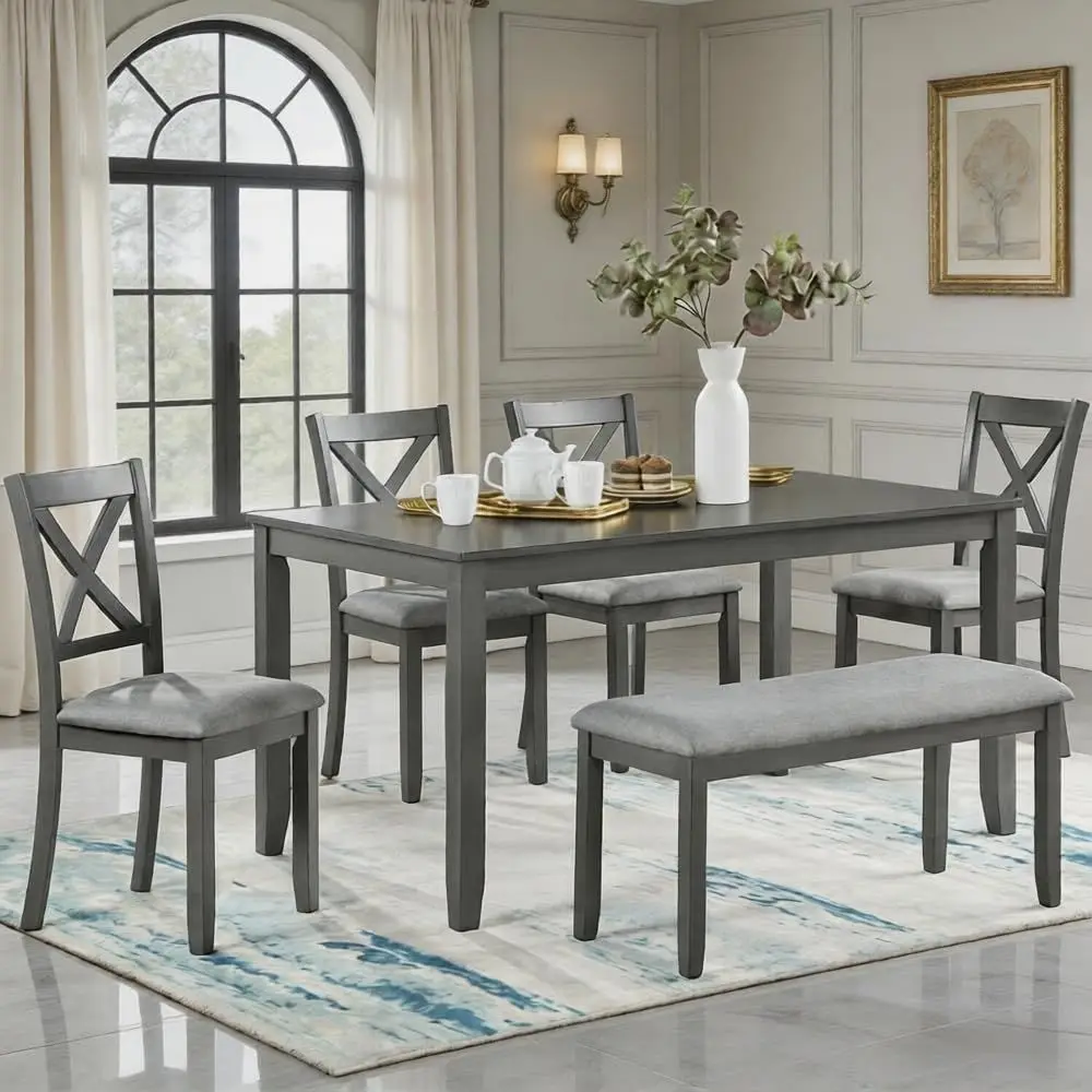 Solid Wood 6-Piece Dining Set with 4 Upholstered Chairs and Bench, Grey
Solid Wood 6-Piece Dining Set with 4 Upholstered Chairs and Bench, Grey