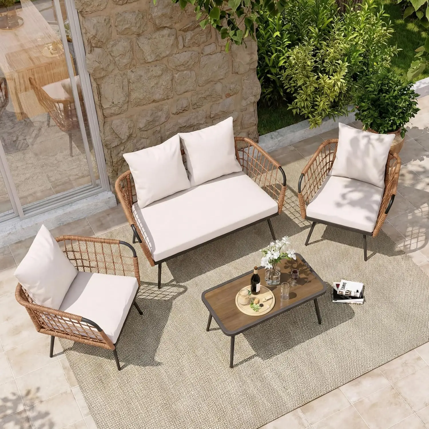 4 Piece Rattan Outdoor Furniture Set with Coffee Table Soft Cushions for Patio Porch Balcony Backyard, Custom
4 Piece Rattan Outdoor Furniture Set with Coffee Table Soft Cushions for Patio Porch Balcony Backyard, Custom