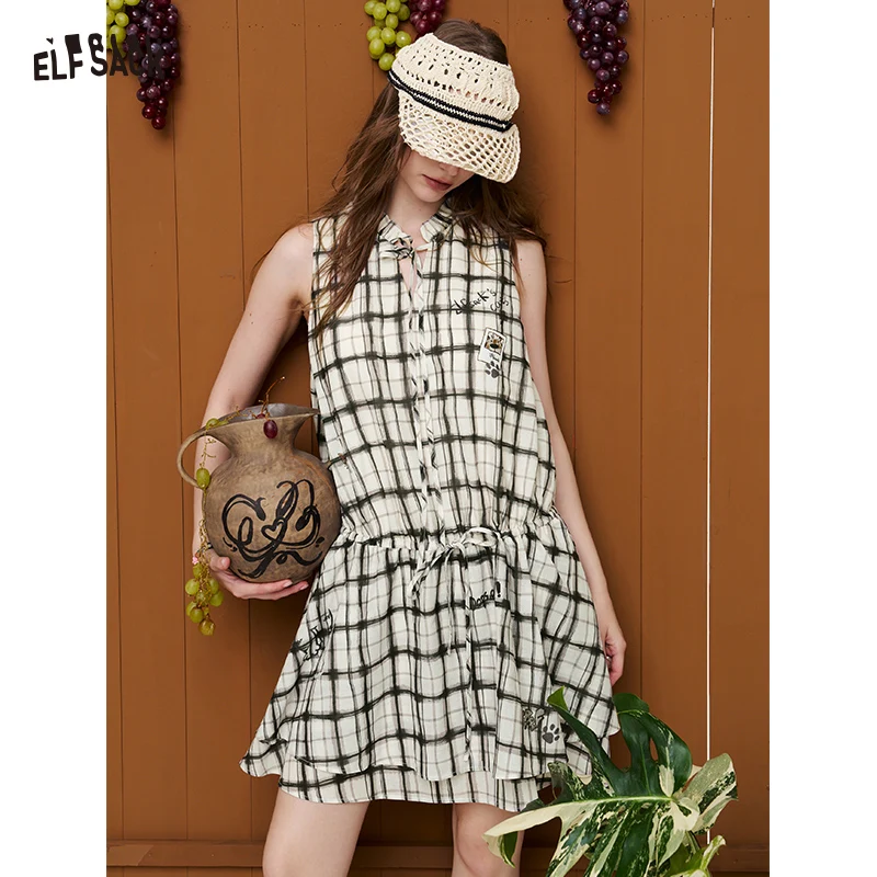 ELFSACK Plaid Sleeveless Mini Dress, Drawstring Waist A-Line Dress, Casual Preppy Style Dress for Women
ELFSACK Plaid Sleeveless Mini Dress, Drawstring Waist A-Line Dress, Casual Preppy Style Dress for Women