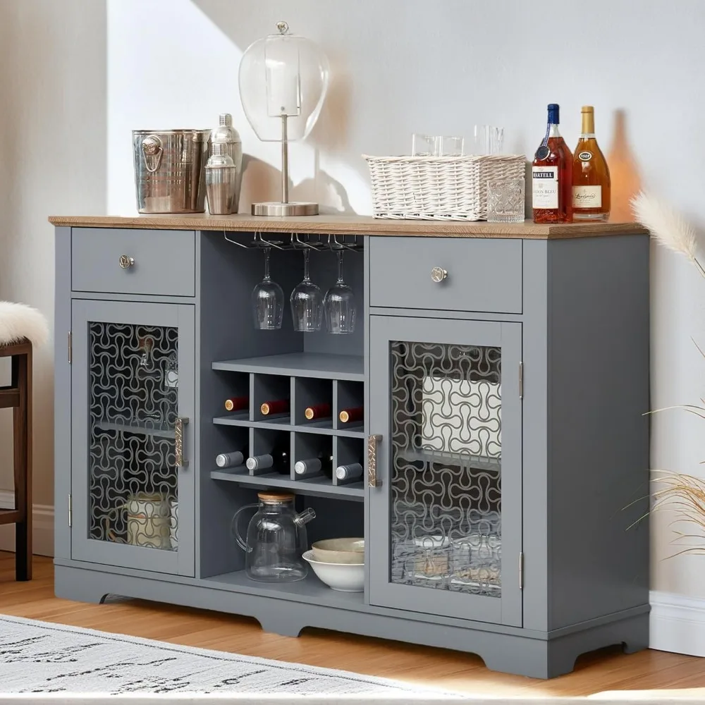 Modern Wine Bar Cabinet with Storage, 56" W Buffet Cabinet with Wine Rack & Drawers, Farmhouse Coffee Bar with Intricate Pattern
Modern Wine Bar Cabinet with Storage, 56" W Buffet Cabinet with Wine Rack & Drawers, Farmhouse Coffee Bar with Intricate Pattern