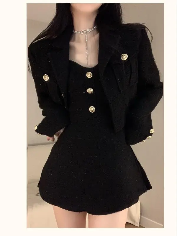 Autumn and Winter Black Two piece Sets Women Outftis Spicy Girl High end Short Coat Slim Black Strap Camisole Dress Mini Dress
Autumn and Winter Black Two piece Sets Women Outftis Spicy Girl High end Short Coat Slim Black Strap Camisole Dress Mini Dress