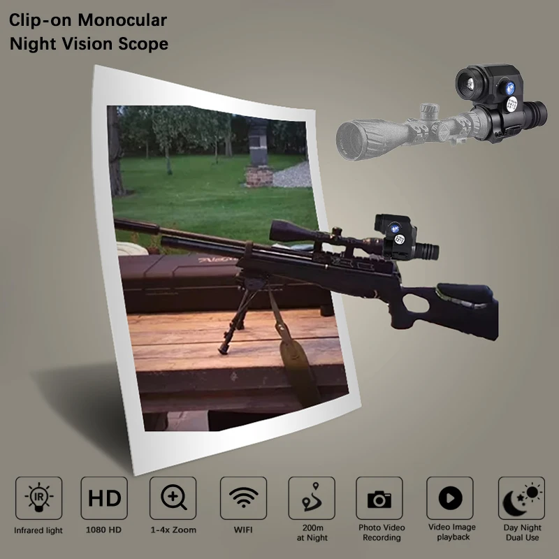 Clip-On IR Riflescope Digital Night Vision with 850nm IR HD Photo/Video Wifi for Day & Night Hunting
Clip-On IR Riflescope Digital Night Vision with 850nm IR HD Photo/Video Wifi for Day & Night Hunting
