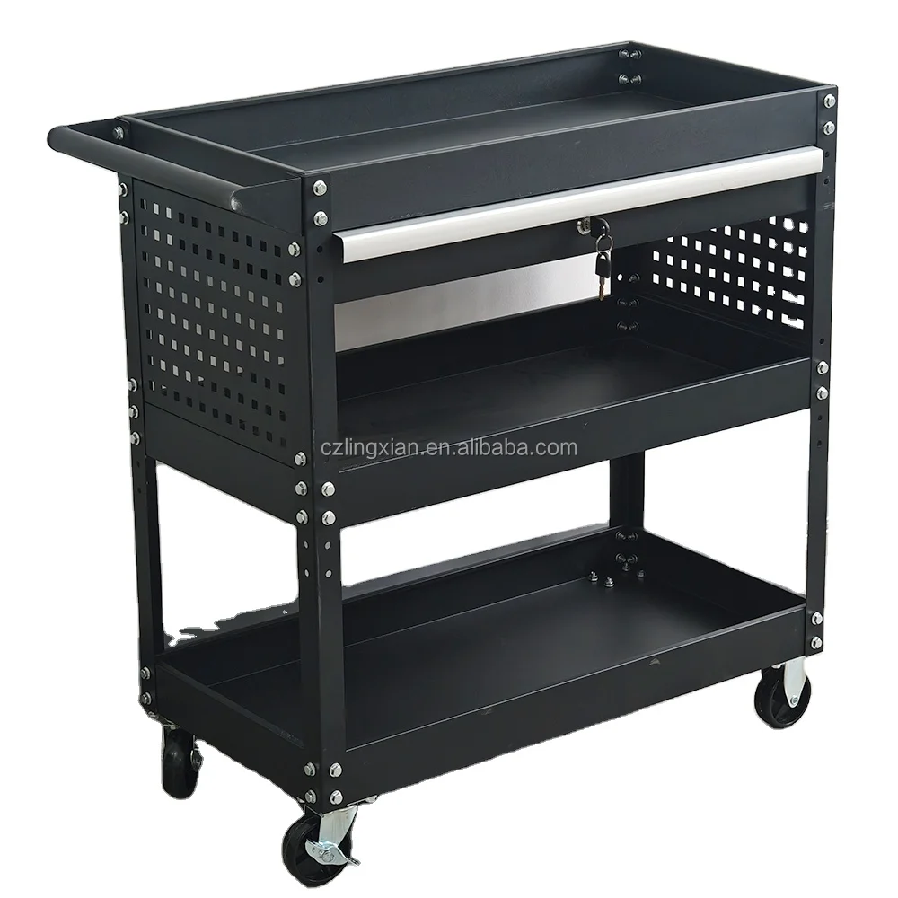 Металлическая трехъярусная тележка для инструментов с выдвижными ящиками для гаража или мастерской
Металлическая трехъярусная тележка для инструментов с выдвижными ящиками для гаража или мастерской