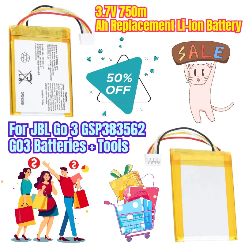 3.7V 750mAh Replacement Li-Ion Battery for JBL Go 3 GSP383562 G03 Batteries + Tools
3.7V 750mAh Replacement Li-Ion Battery for JBL Go 3 GSP383562 G03 Batteries + Tools