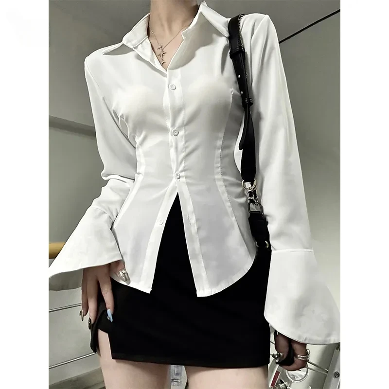 Women Sexy Solid Color Slim Chiffon Shirt Turn-down Collar Flare Sleeve Tunic Bandage Design Vintage Female Blouses Autumn 2023
Women Sexy Solid Color Slim Chiffon Shirt Turn-down Collar Flare Sleeve Tunic Bandage Design Vintage Female Blouses Autumn 2023