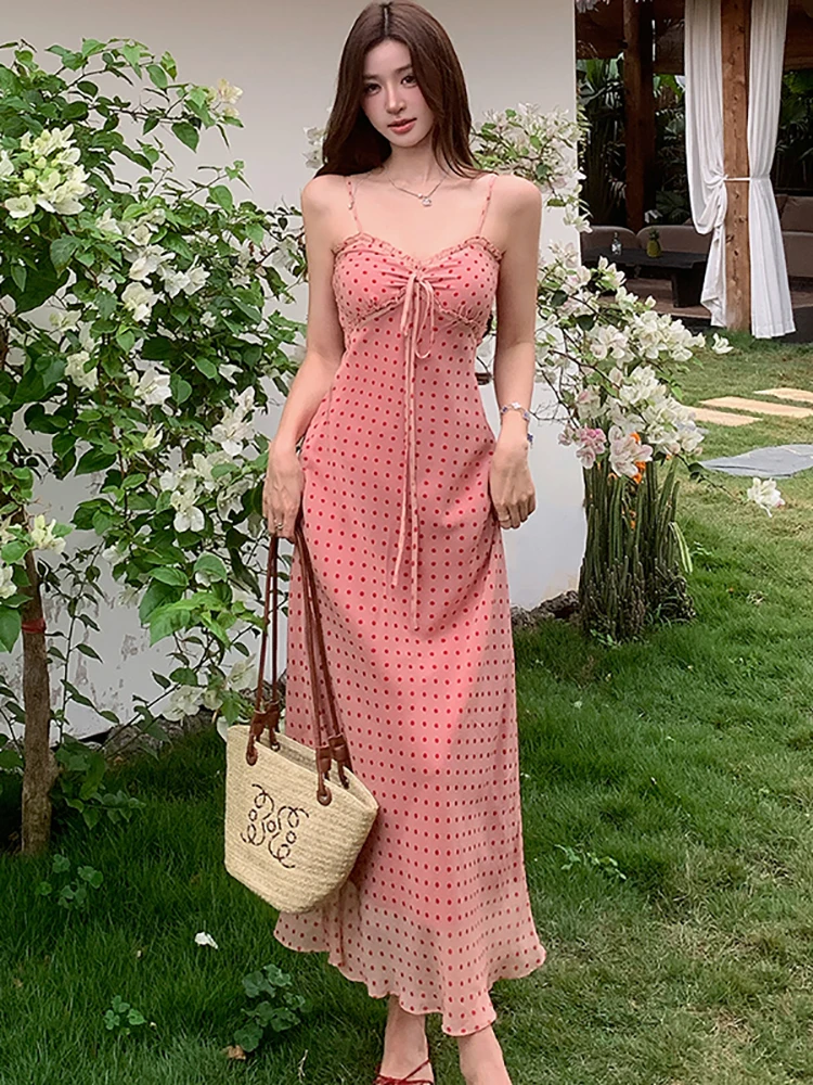 2026 New Pink Polka Dot Chic Bow Ruffled Sling Long Dress Summer Elegant Casual Holiday Dress Women Kroean Bodycon Evening Dress
2026 New Pink Polka Dot Chic Bow Ruffled Sling Long Dress Summer Elegant Casual Holiday Dress Women Kroean Bodycon Evening Dress