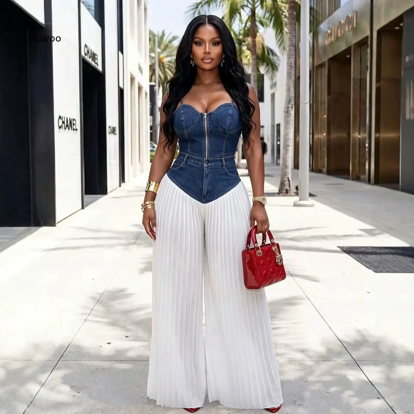 Denim Corset Top and White Pleated Wide Leg Trousers
Denim Corset Top and White Pleated Wide Leg Trousers