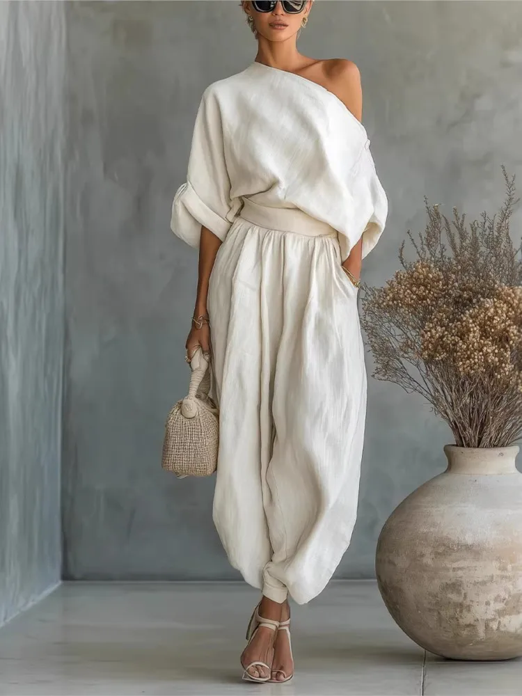 Women's Two-piece Loose Tops Bloomers 2026 Spring Arrival Slanted Shoulders Loose Wide Legs Casual Cotton Linen Solid Color Suit
Women's Two-piece Loose Tops Bloomers 2026 Spring Arrival Slanted Shoulders Loose Wide Legs Casual Cotton Linen Solid Color Suit