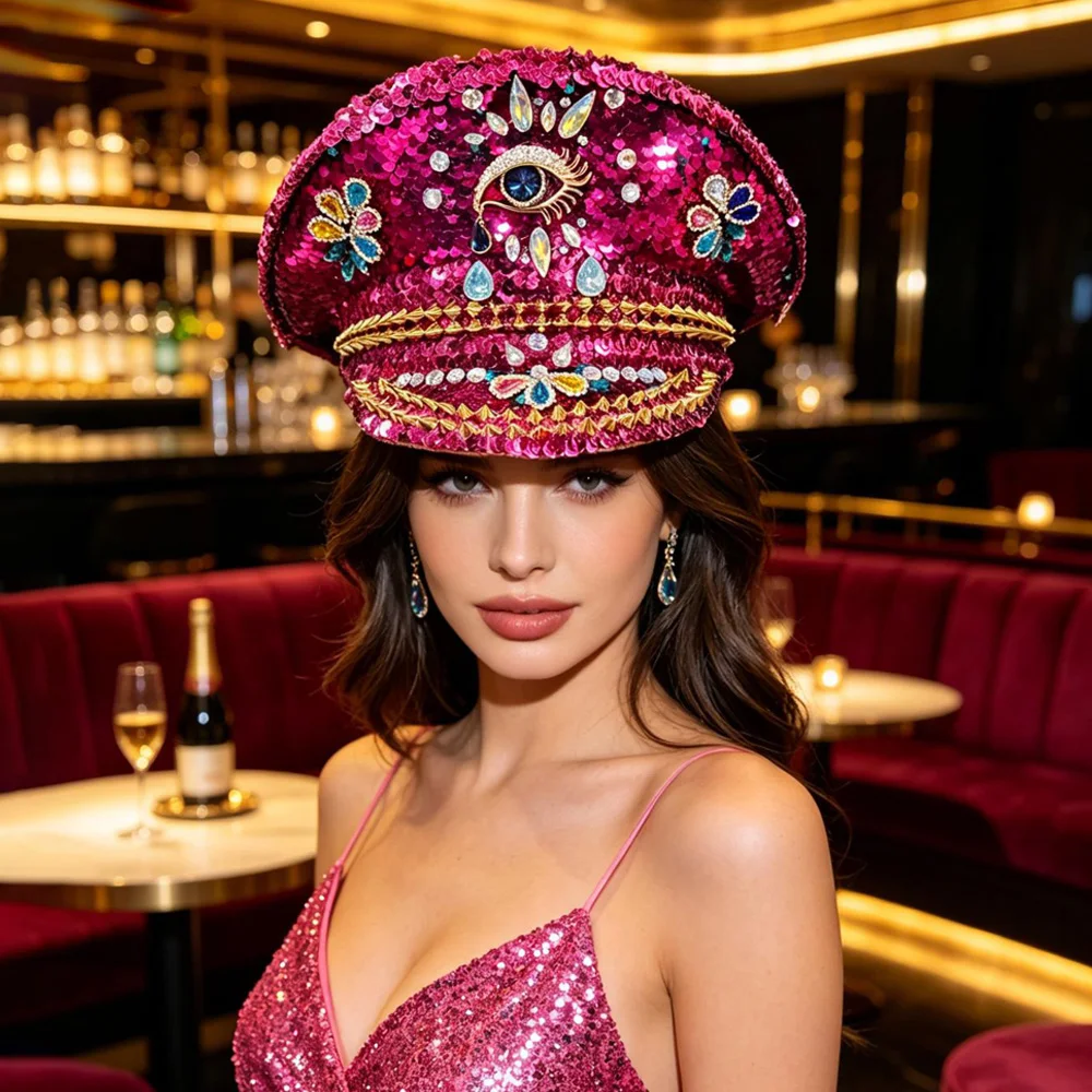 Women Captain's Hat with Rhinestone Cosplay Evil Eye Hat with Bar DJ Stage Halloween Carnival Dress Up Party Costumes Props
Women Captain's Hat with Rhinestone Cosplay Evil Eye Hat with Bar DJ Stage Halloween Carnival Dress Up Party Costumes Props