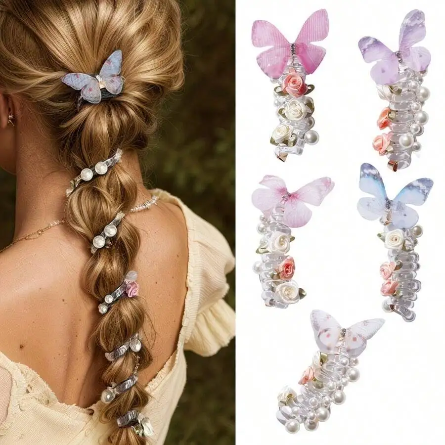 4 Butterfly Telephone Cord Hair Ties With Pearl And Rose Decor, High Elasticity For Braids Ponytails
4 Butterfly Telephone Cord Hair Ties With Pearl And Rose Decor, High Elasticity For Braids Ponytails