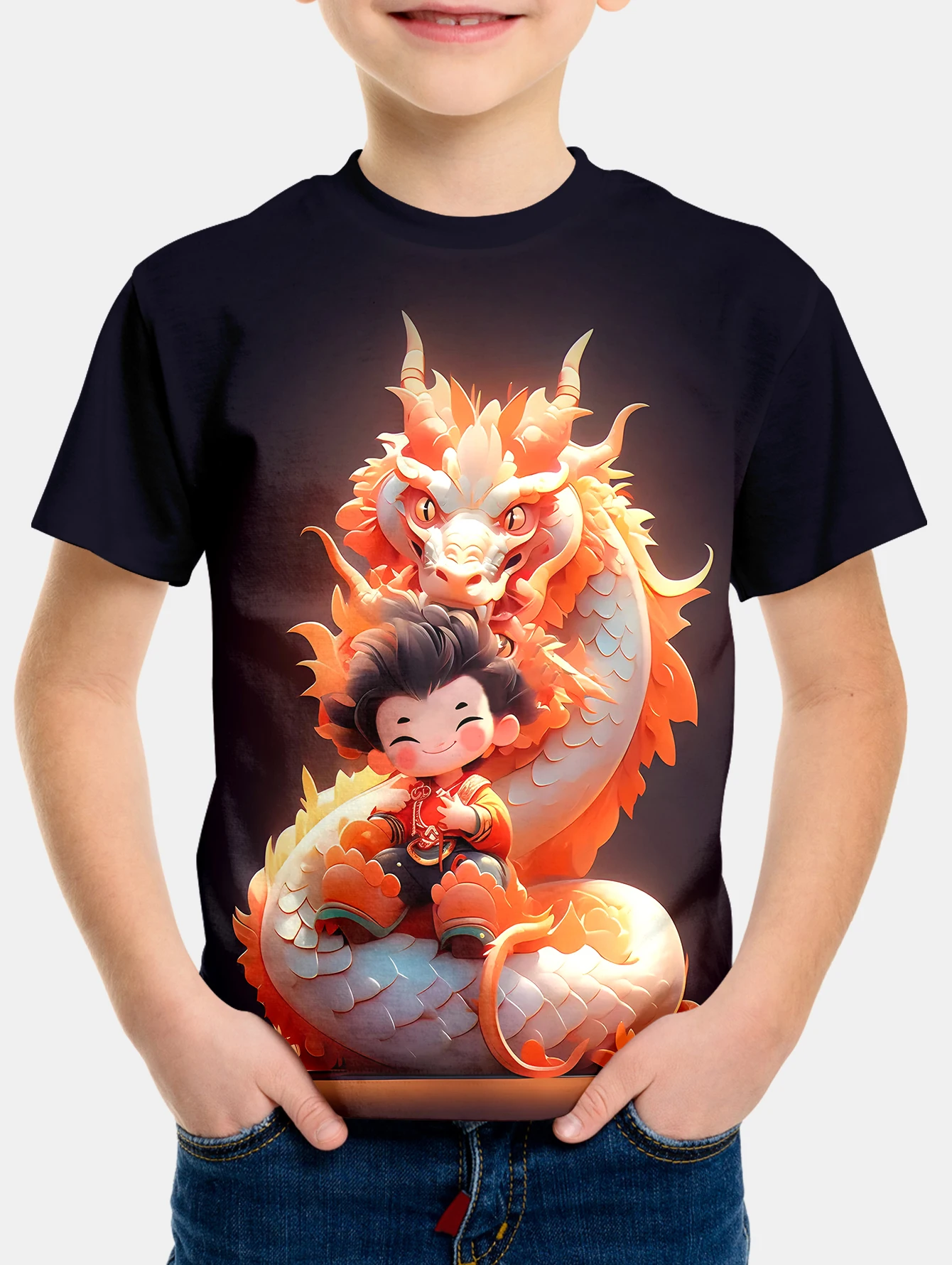 Boys'Dragon and Fuwa summer round neck short sleeved T-shirt, casual lightweight and comfortable top, 3D printed
Boys'Dragon and Fuwa summer round neck short sleeved T-shirt, casual lightweight and comfortable top, 3D printed