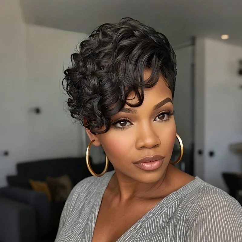 1B# Pixie Cut Brazilian Human Hair Wig for Women 8 inches Layered Short Loose Curly with Bangs Full Machine Made
1B# Pixie Cut Brazilian Human Hair Wig for Women 8 inches Layered Short Loose Curly with Bangs Full Machine Made